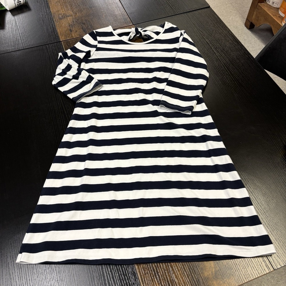 Duffield Lane Striped Knit Dress Navy White 3/4 Sleeve Back Cutout Knot Detail S